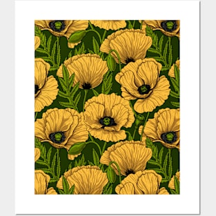 Yellow poppy garden on dark green Posters and Art